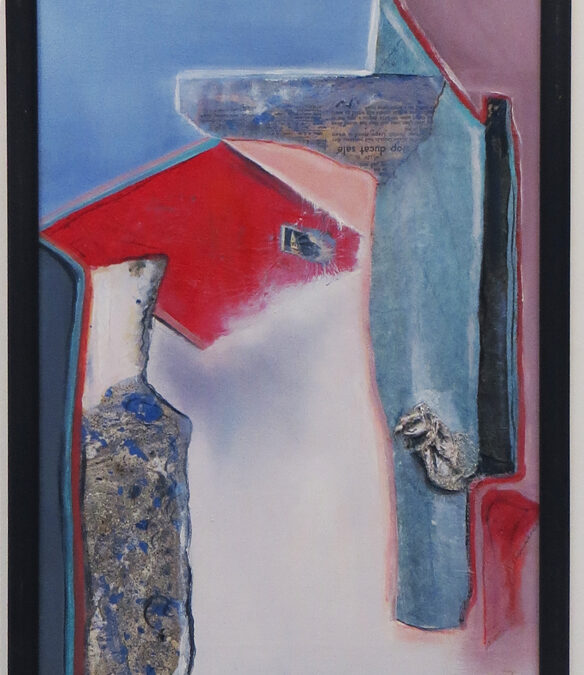 Joan Sonnenfeld “Air Mail”, Airmail stamp, fabric, paper and oil paint on canvas, $200.00