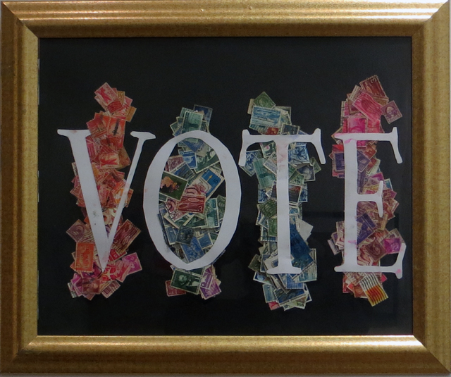 John Marron “VOTE Rainbow Collage”, collage with postage stamps, $40.00
