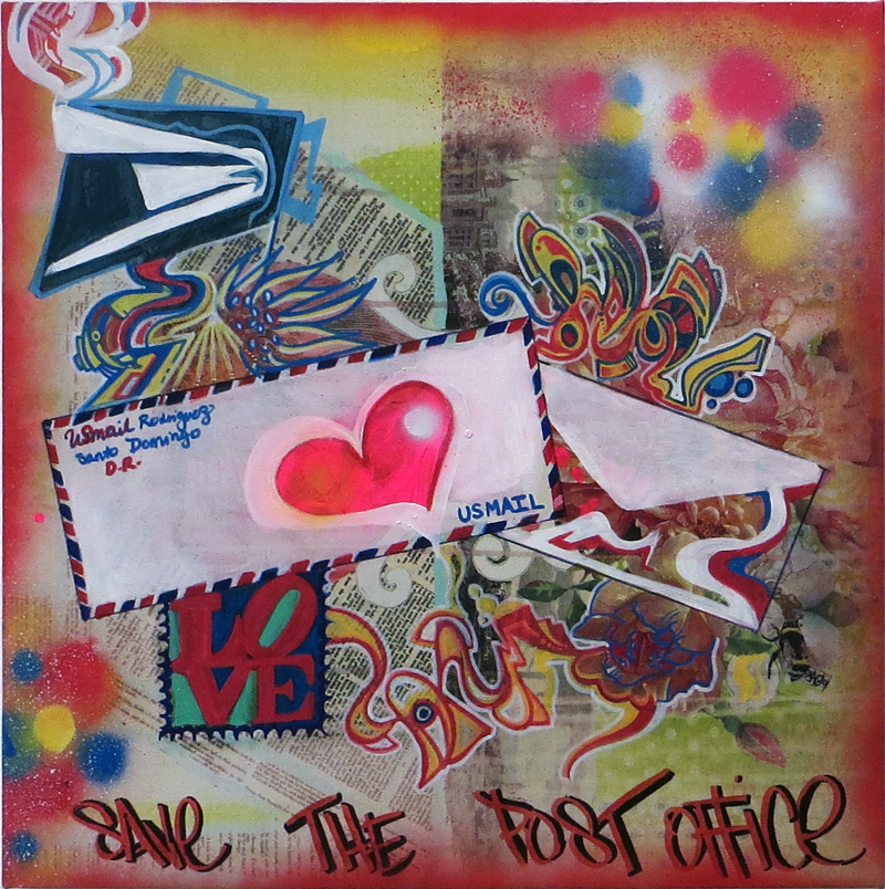 Shauna Figueroa  “Save The Post Office” acrylic and aerosol on recycled canvas, $1,000.00