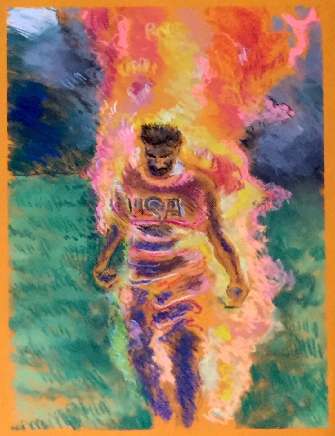 Brian McCormack  “Burning Man” pastel on pastel paper, framed size 23 ”W x 35 ”H, 2020, $300.00