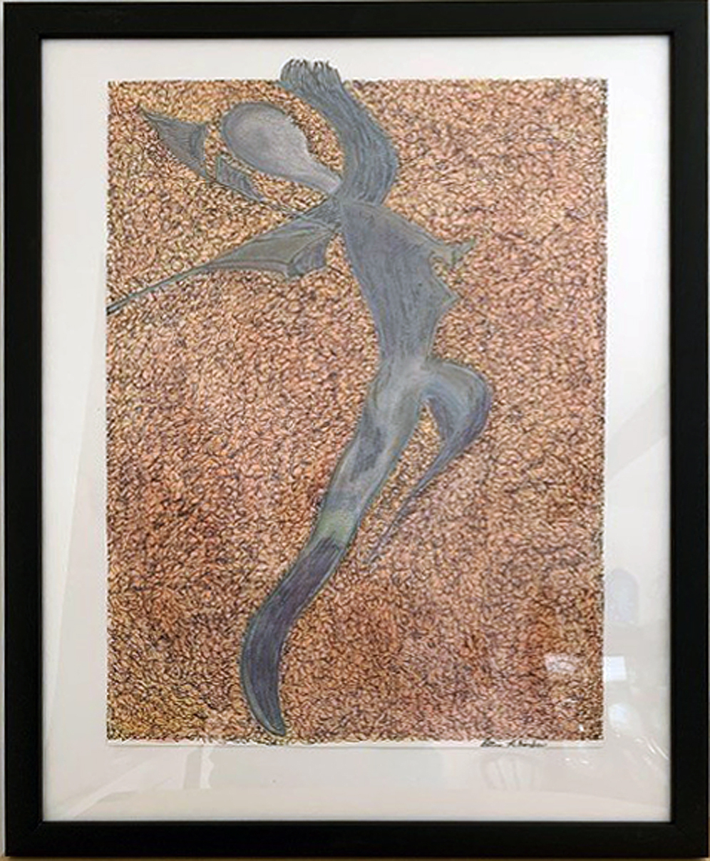Ellen Rebarber “Out of the Shadow” oil pastel, ink, paint, framed size 18” W x 24”H, $300.00