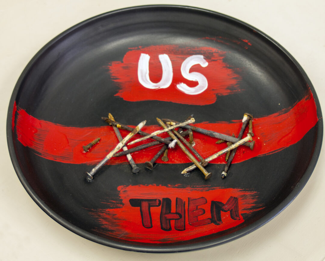 Dina Robinson “Us/Them” wheel thrown glazed porcelain platter with hand colored elements, 14″ dia. – $100.00