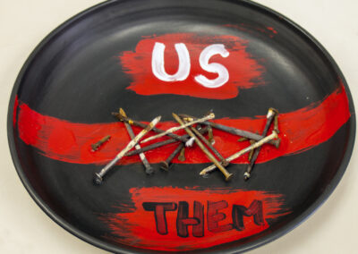 Dina Robinson “Us/Them” wheel thrown glazed porcelain platter with hand colored elements, 14″ dia. – $100.00