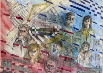 Virginia Carroll  “Who Will Answer?” watercolor, collage paper weaving, 25” H x 31” W – $450.00
