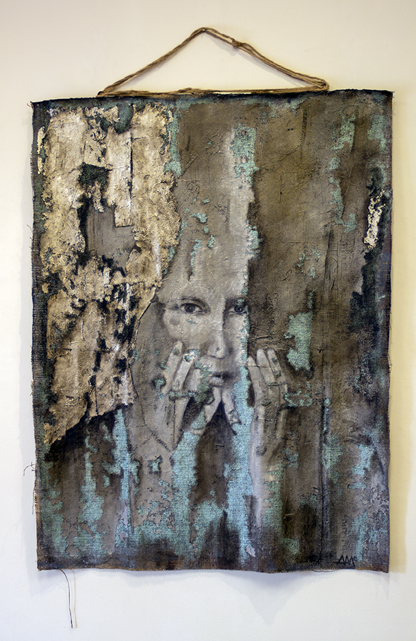 Andrea McKenna “Incision” acrylic over limestone plaster on burlap, $2,500.00