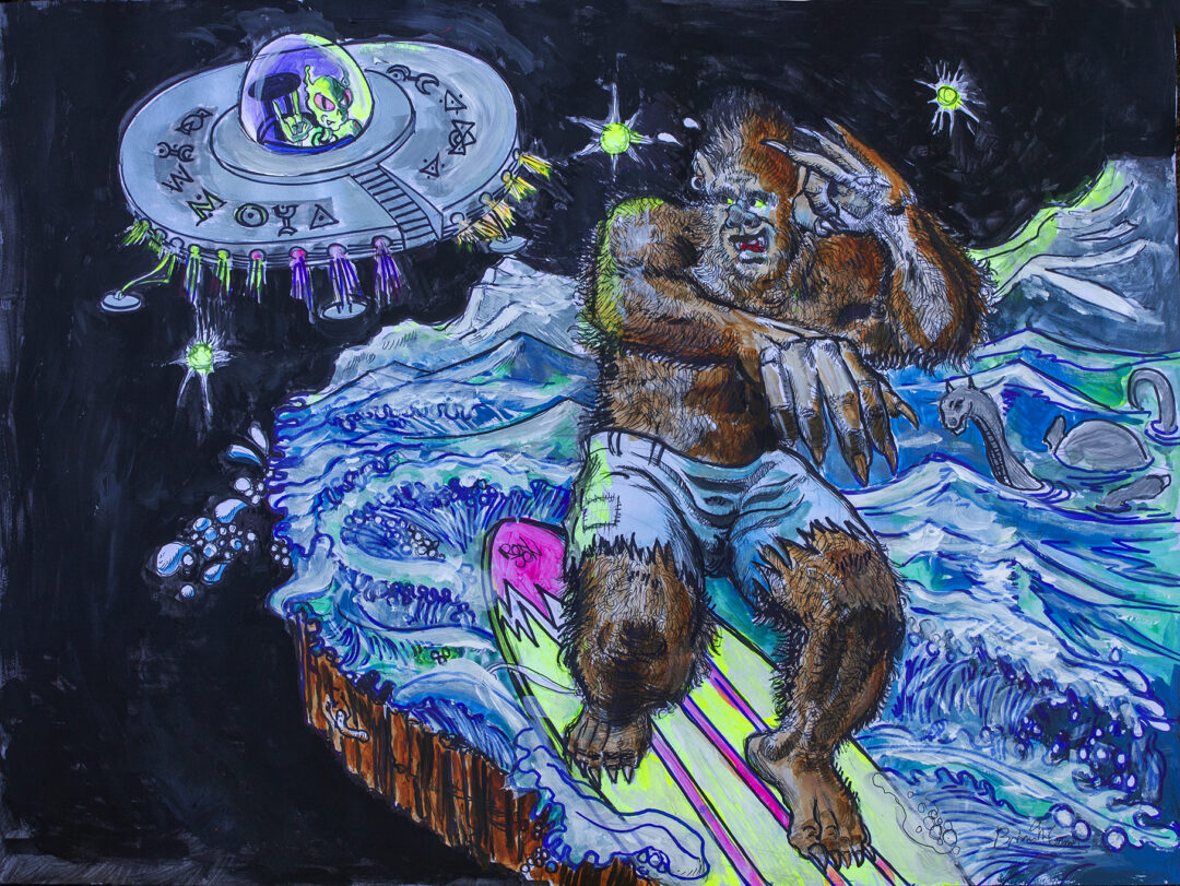 Brian McCormack “Alien and Bigfoot, BFFs Forever” mixed media on paper, $300.00