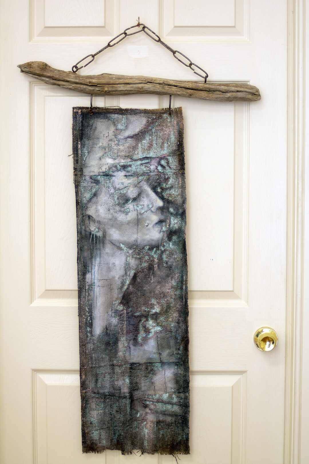 Andrea McKenna “Undercurrent” acrylic over limestone plaster on burlap, $900.00