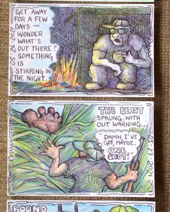 Bill Vivona “Nearly True Stories” colored pencil and ball point pen on reclaimed card stock, $200.00