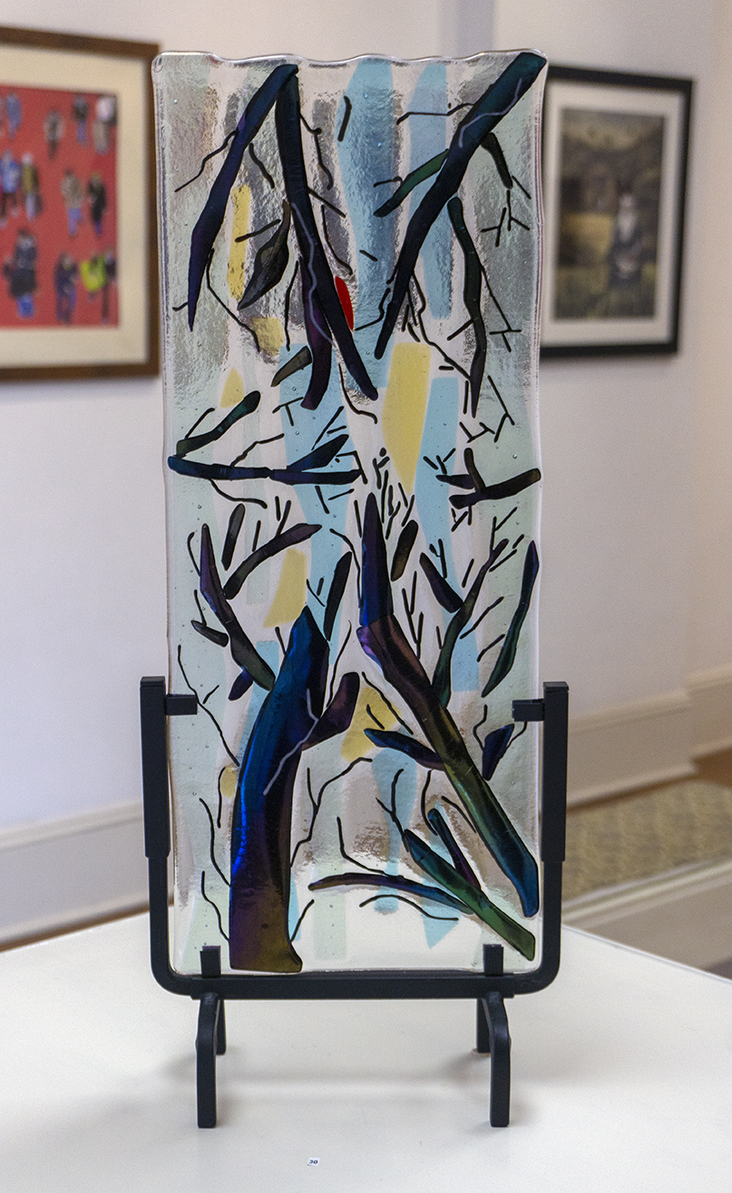 Ellen Rebarber “Looking Up” fused glass with iridescent colors on metal base, $850.00