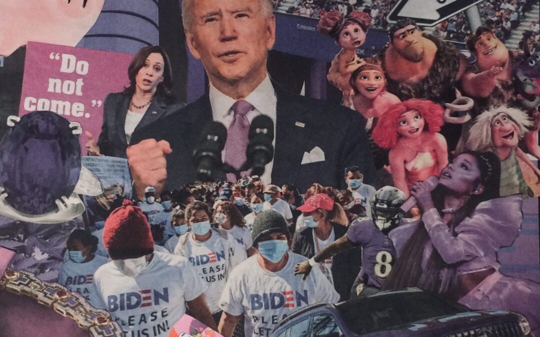 Luis Alves: Collage “Biden Facebook” framed hand made collage, $450.00