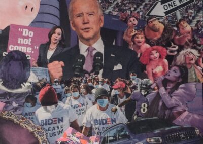 Luis Alves: Collage “Biden Facebook” framed hand made collage, $450.00