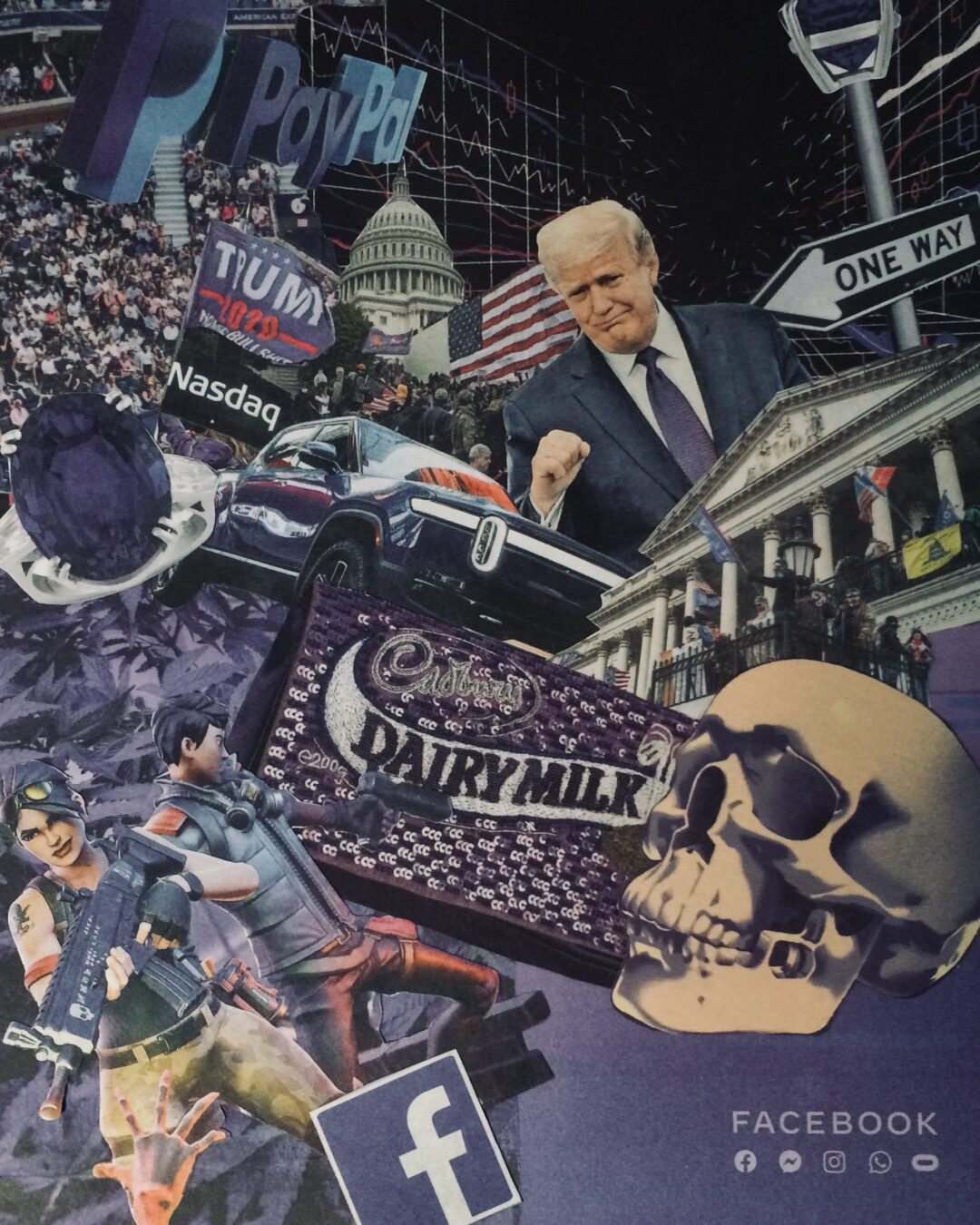 Luis Alves: Collage “Trump Facebook” framed hand made collage, $450.00