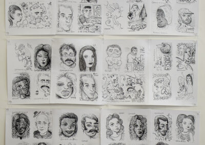 Richard Gessner “A Mount Everest of itsy-bitsy caricatures, a sea of faces trembling with fragile transiency” inkjet prints of ball point pen and pilot pen on paper, $100.00 for each strip, $150.00 for three