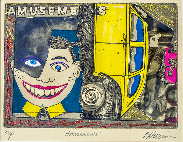 “Amusements” etching, embossing, photo transfer and hand coloring, 8” H x 10” W, $60.00