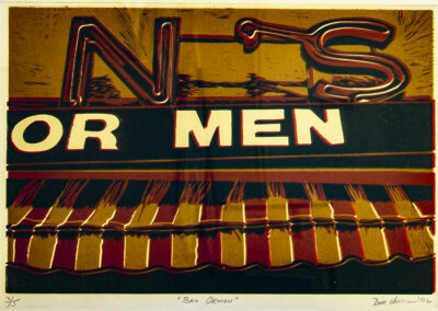 “Or Men Army/Navy Store” linoleum block print, 18” W x 12” H, $200.00