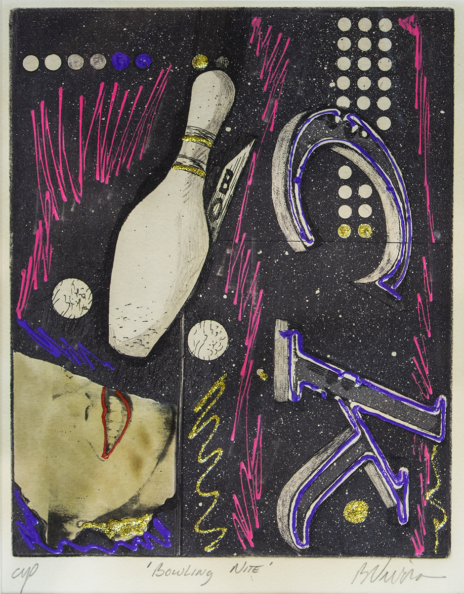 “Bowling Nite” etching, photo transfer and hand coloring, 8” W 10” H, $60.00 