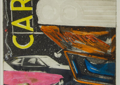 “Cars” etching, embossing, photo transfer and hand coloring, 8” W x 10” H, $60.00