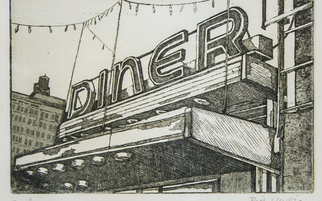 “Diner” etching and aquatint, 8” H x 13” W, $125.00