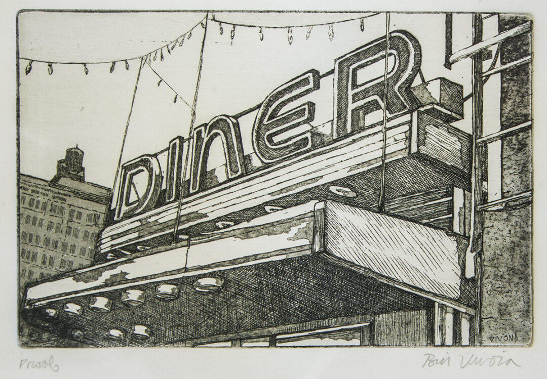 “Diner” etching and aquatint, 8” H x 13” W, $125.00