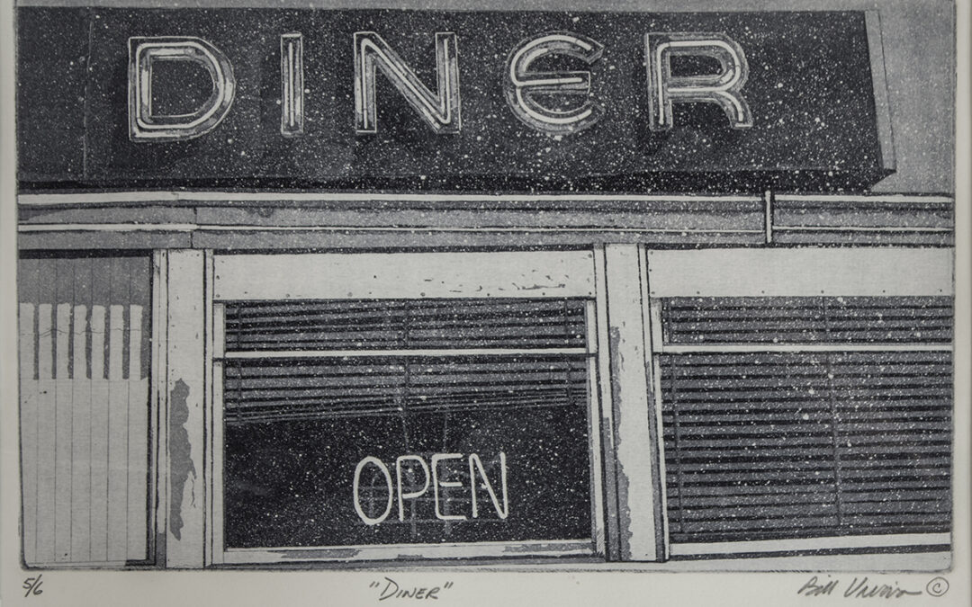 “Diner” etching, 5” H x 7”W,  $75.00