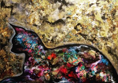 Michelle Harpster “Cosmic Cat” encaustic wax, watercolor, and gold leaf 11” H x 14” W $450.00