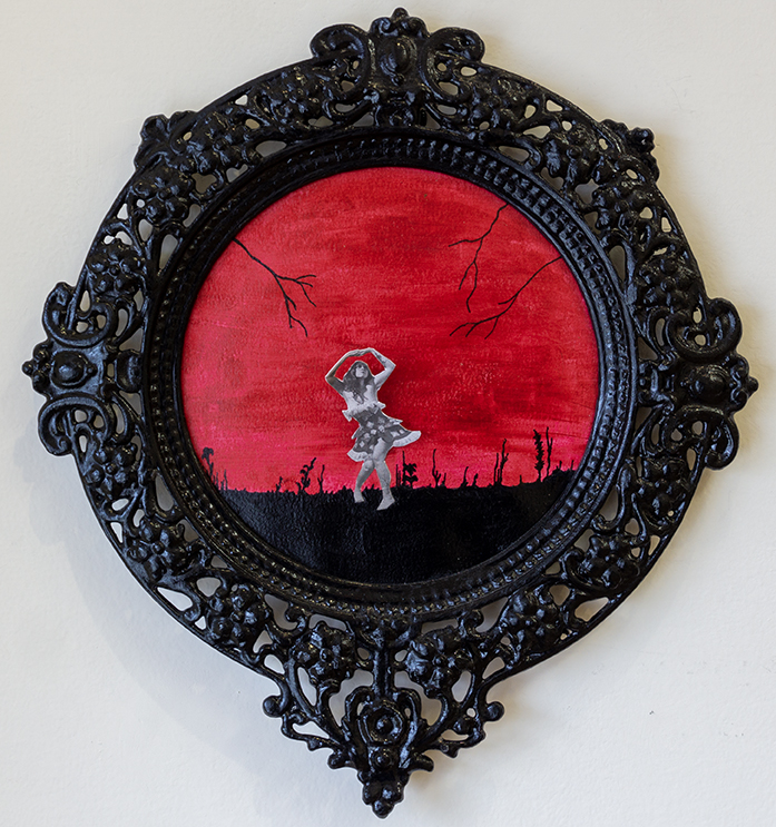 Christy E. O’Connor “She was frightened of the storm that rose from within” mixed media painting, 14″ diameter, framed – $350.00