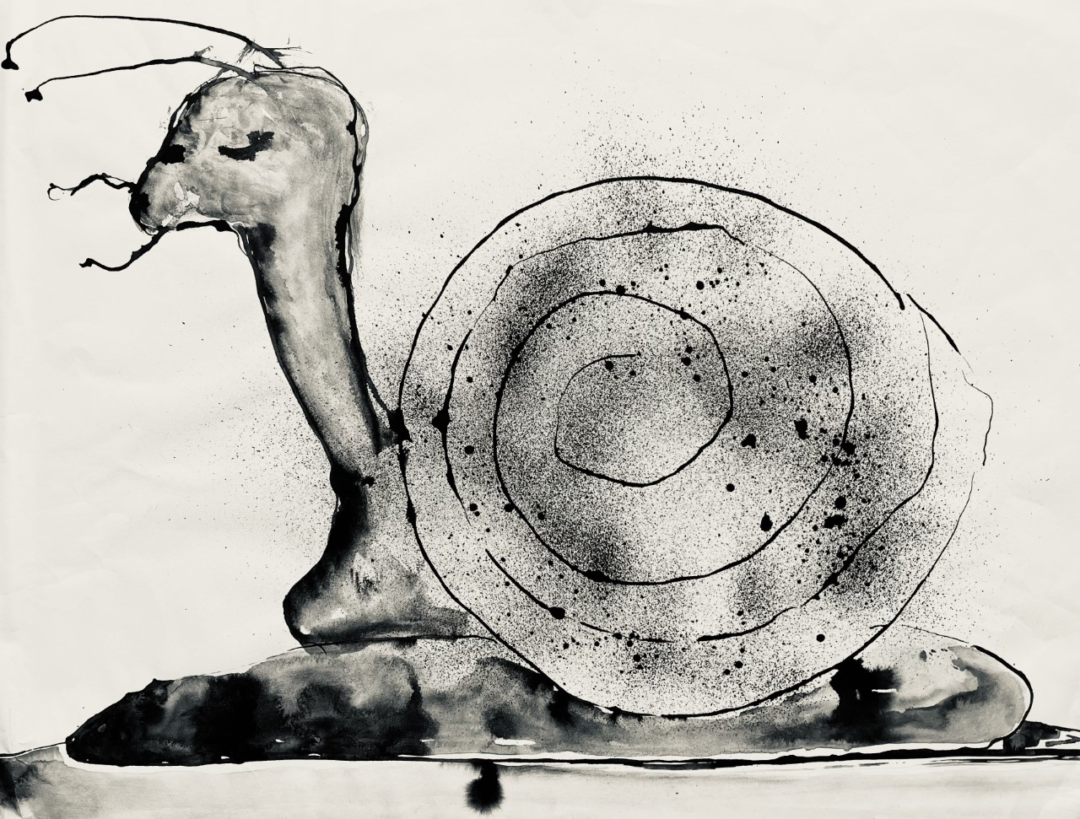 John Marron “Snoozing Snail” ink on paper, 15” H x 24” W $100.00