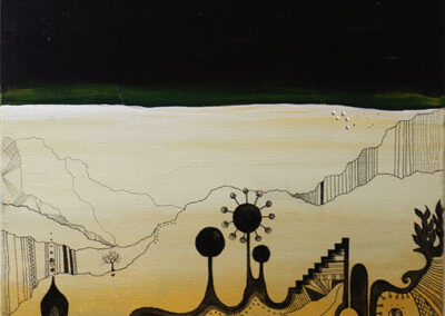 Eleanor James  “Each Other’s Worlds” acrylic and ink, 12”x12”, 2022, $300.00