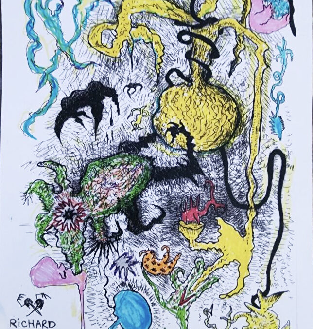 Richard Gessner Image List Title: “Garlic Weevil Tongue Lasso” print from color sharpie, pilot pen 4: am drawing, 11”W x 14”H, $75.00