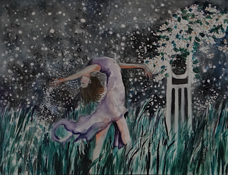 Virginia Carroll “Starlit Ballet” watercolor 16” W x 12” H, 2023, SOLD