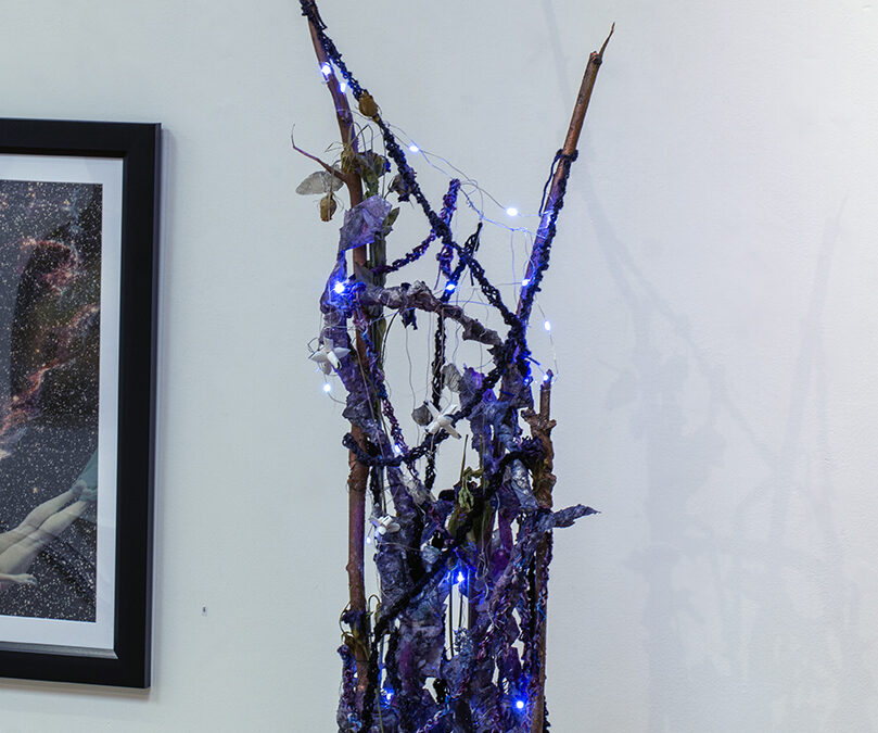 Kristen Martin-Aarnio  “Starry Earth”  wood, plastic, modeling paste, cardboard, acrylic, dried flower, fabric, wire, yarn, thread, rocks, paper, led lights, 37”H x 13” W x 11”D, 2023, $600.00