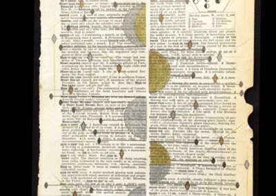 Patricia A. Bender “Moon” graphite + colored pencil drawing on a 1920’s Funk & Wagnall’s dictionary page, 2021, $1200.00