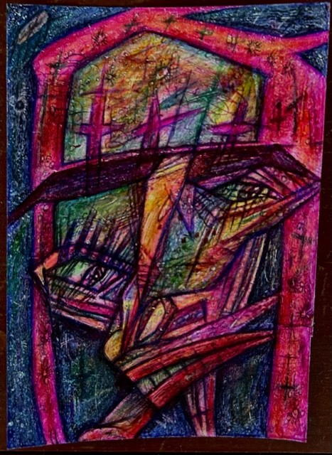 Dion Hitchings  “Sister Stardust” crayon/magic markers/colored pen, 5” W x 7” H, 2023, $100.00