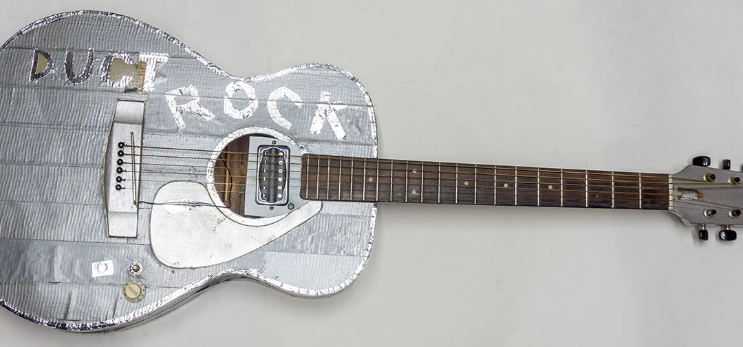 Duct Rock – found guitar, duct tape, electric guitar pickup – $450.00