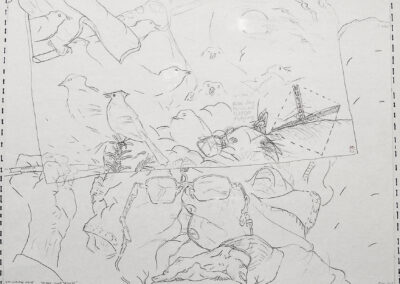 Peter Arakawa “Artist with Birds”, ink on paper, 15″ x 20″,  – $2,400.00
