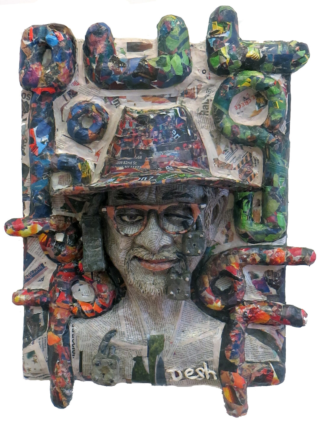 Desh Ranjan Sharma “Self portrait-The Bound” paper mache’,  33” H X 25” – $1,100.00