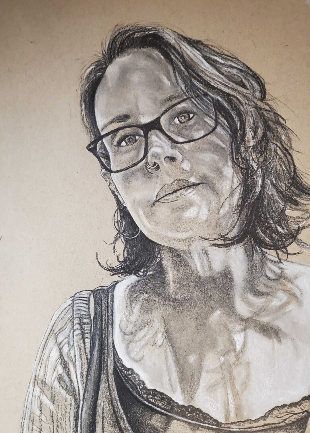 Kristy Brucale Jach “Miss Kristy” pencil and charcoal drawing, 12.5”W x 15.5”H – $250.00