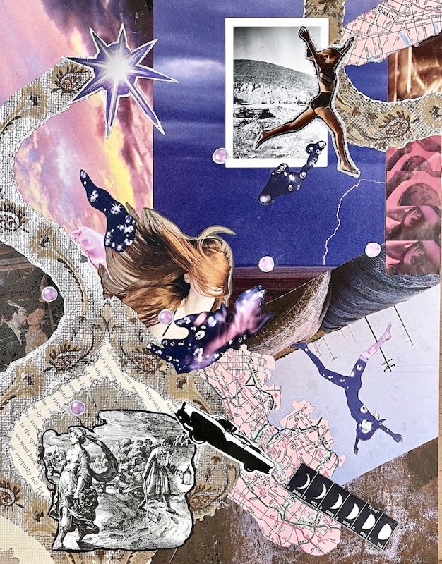 Nanette Reynolds Beachner “Time Traveler-Taking a Leap” mixed media collage, 16” W X 20”H – $400.00