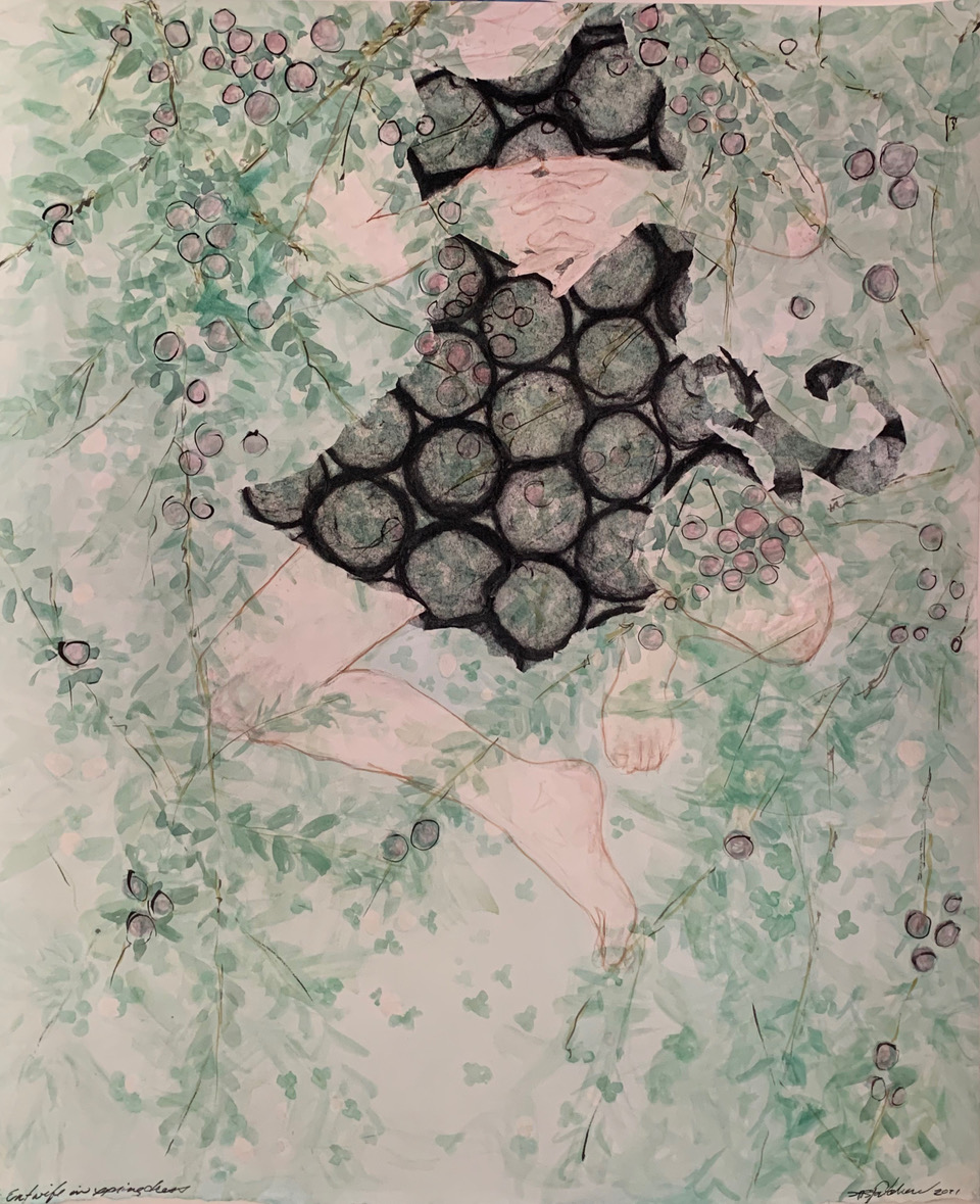 Stacey AS Pritchard “Entwife in Spring Dress” gauche, paper and pen on paper, 26”W x 34”H – $550.00