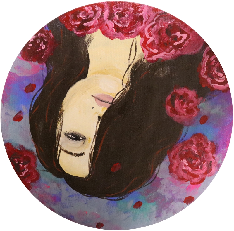 Samantha Brown “Upside Down”, acrylic on canvas, 12” diameter (circle),  – $400.00